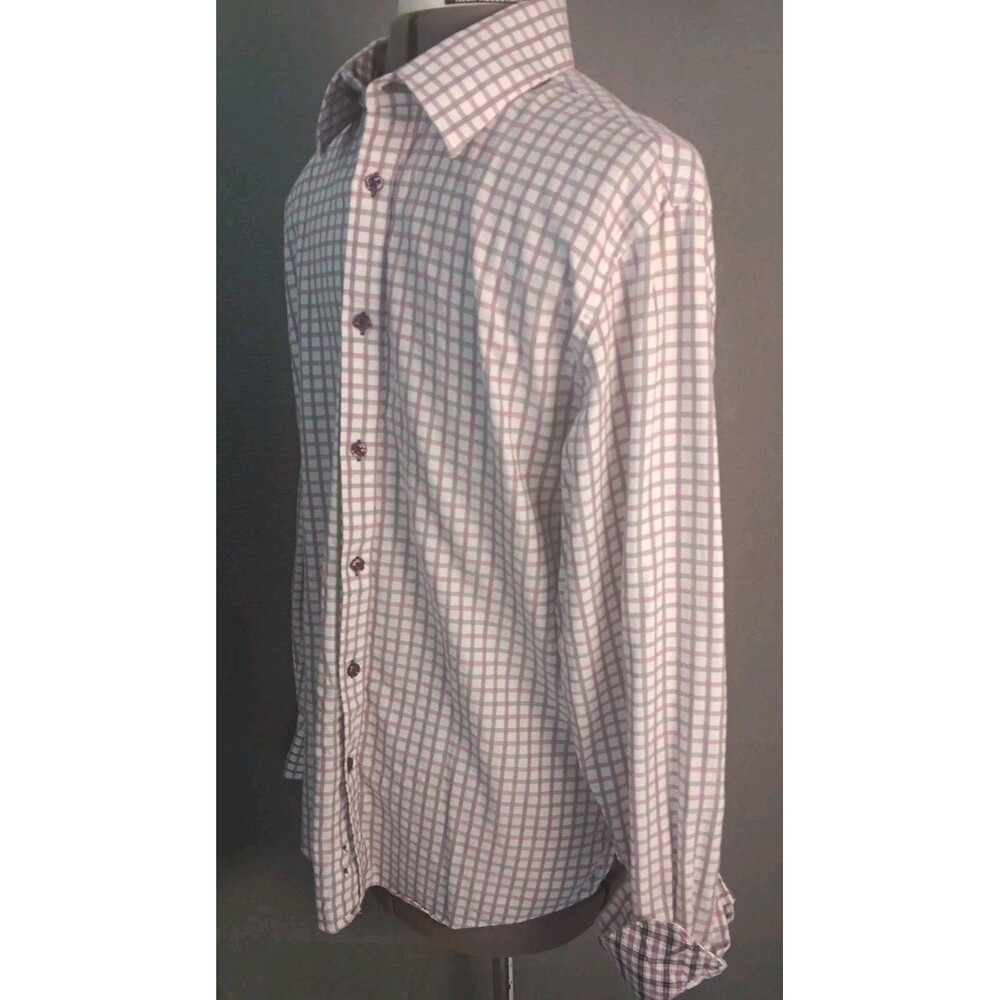 Jhane Barnes Mens Med Slim Fit Purple Check Button Up Long Sleeve Cotton- EUC